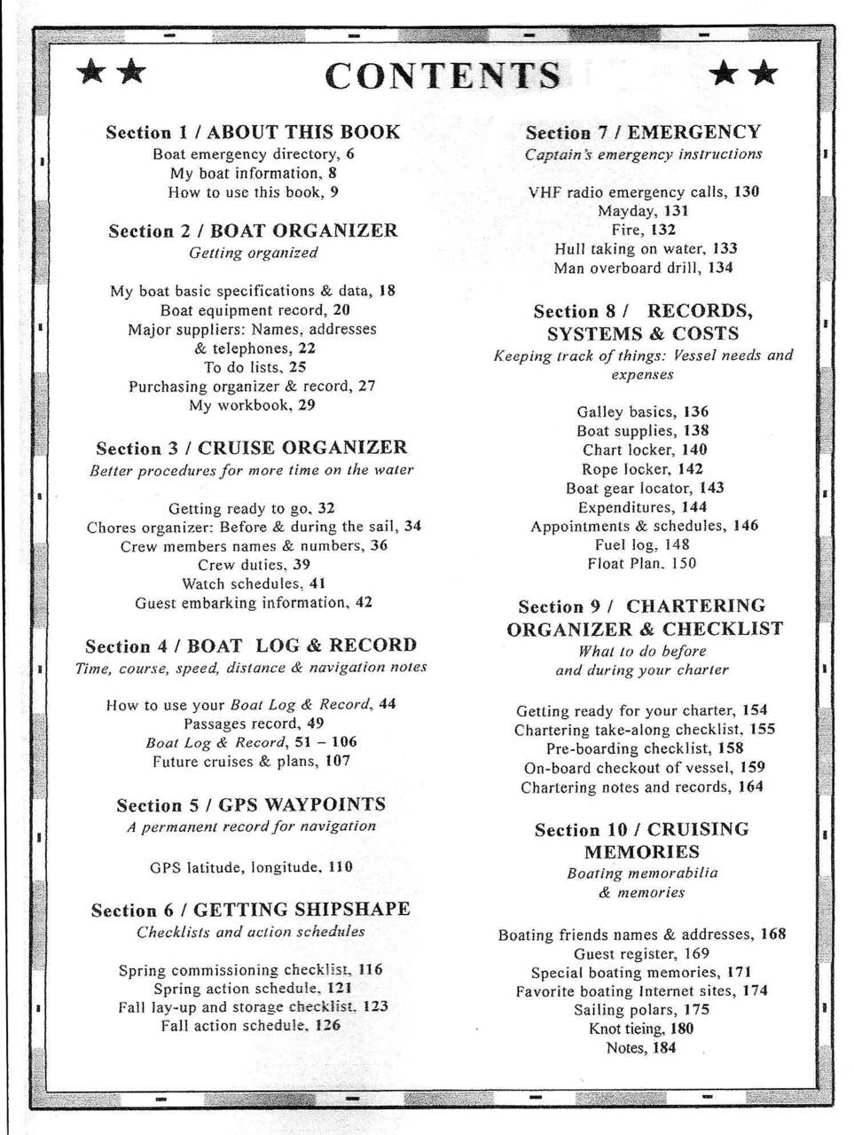 Here is the Contents page of the Boat Log & Record. Note how the book organizes boating information so that you have all the information in one central source. 